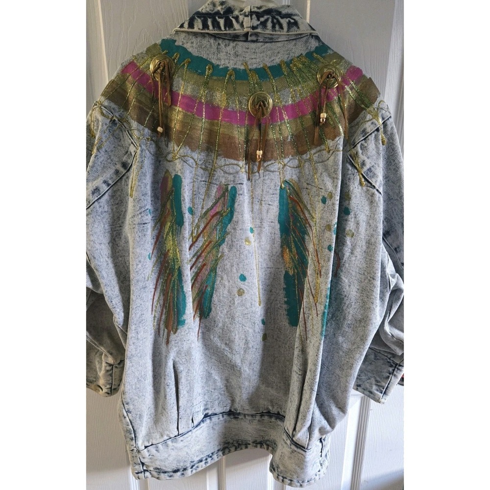 Vtg Copacabana Acid Wash Denim Jacket Hand Painted Fringe Western 90s Unisex L